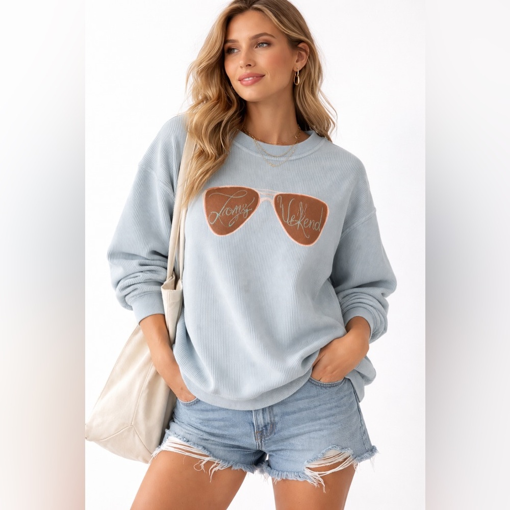 Sister Bloom Blue Ribbed‎ Graphic Sweatshirt Long Weekend Sunglasses Baggy Small